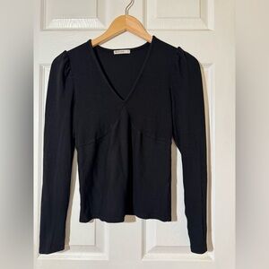 Marine Layer Lexi Rib Fabric Long Sleeve Black V Neck Puff Sleeve Top
